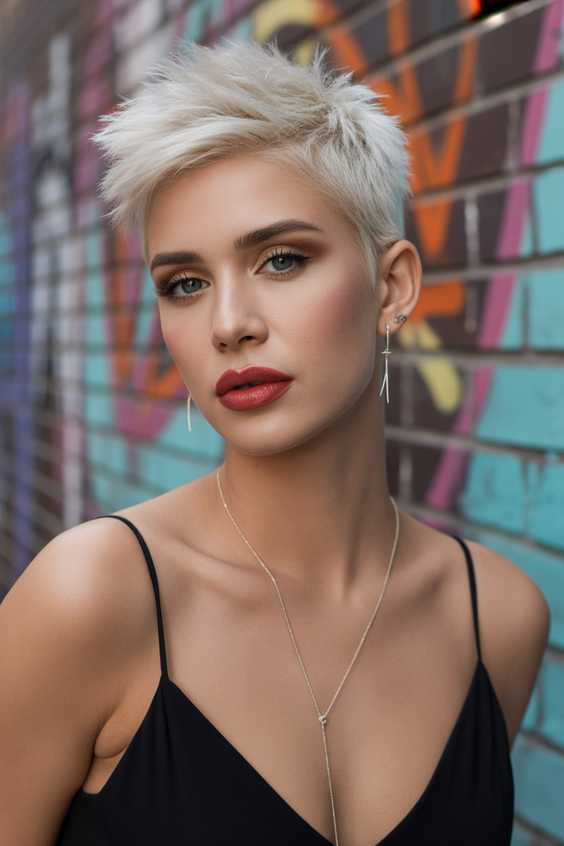 pixie hairstyles 2026 Classic Platinum Pixie With Feathered Layers