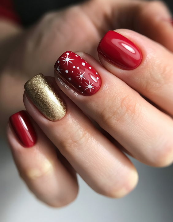 red nails ideas 2026 classic gold accent