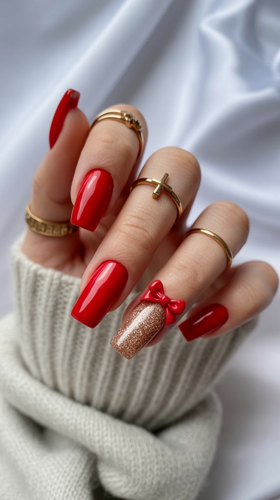 red nails square bow design