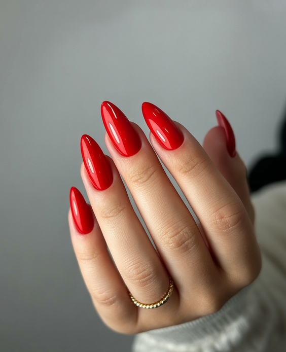 red nails almond bright glossy