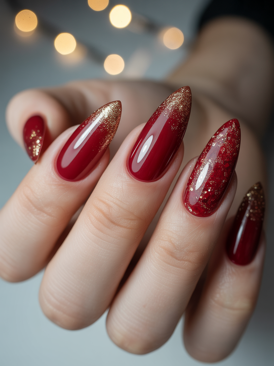 red nails ideas 2026 red gold almond