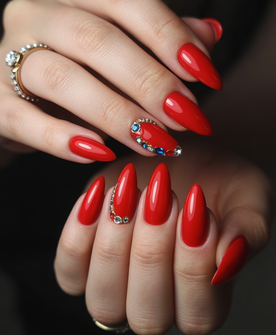 red nails almond crystal bright