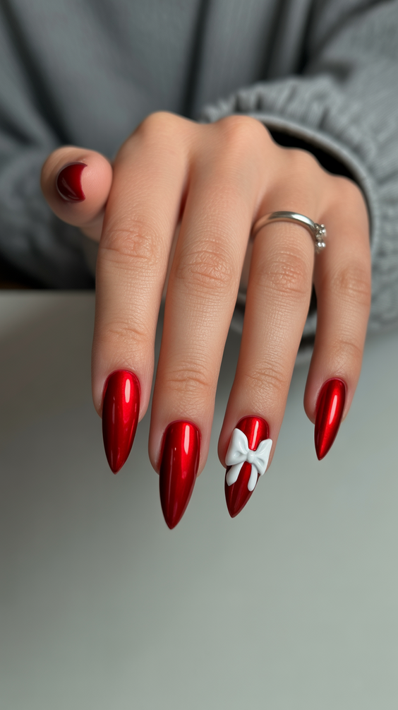 red nails almond white bow
