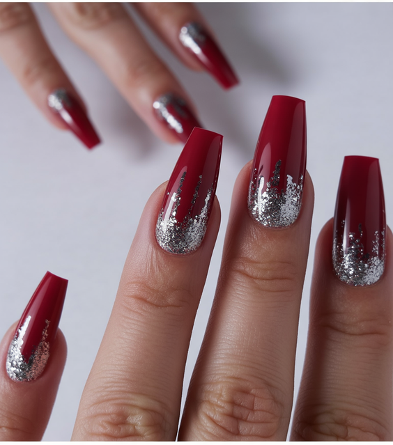 red nails design silver glitter fade