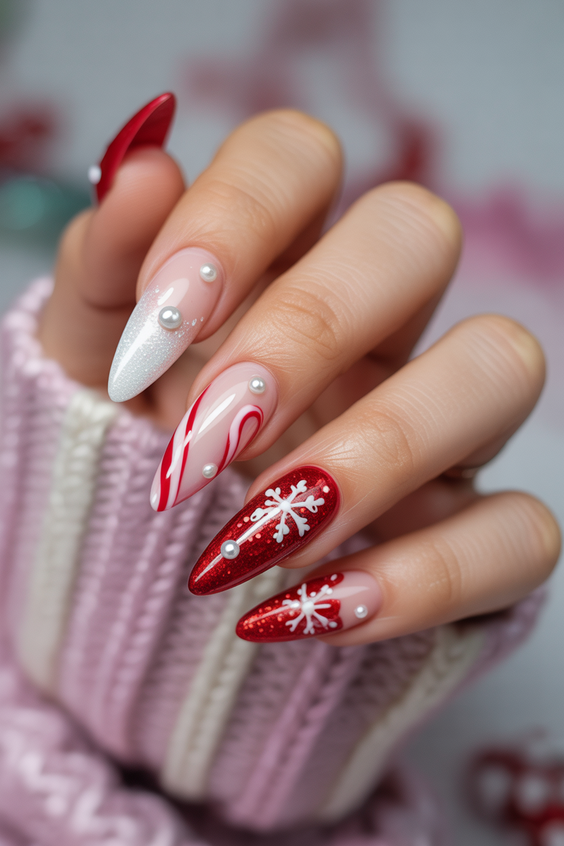 red nails christmas snowflake design