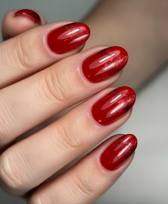 red nails simple glossy metallic
