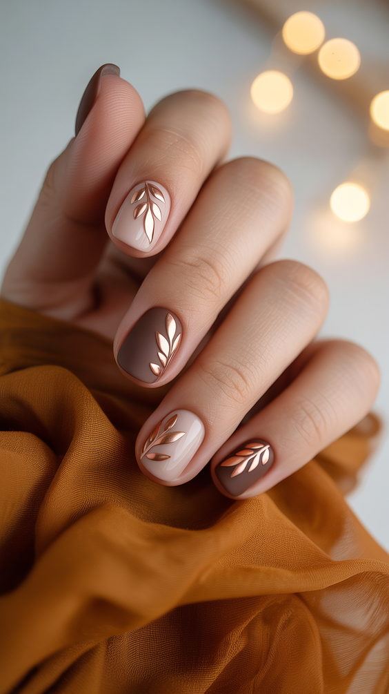 short acrylic nail designs 2026 neutral leaf