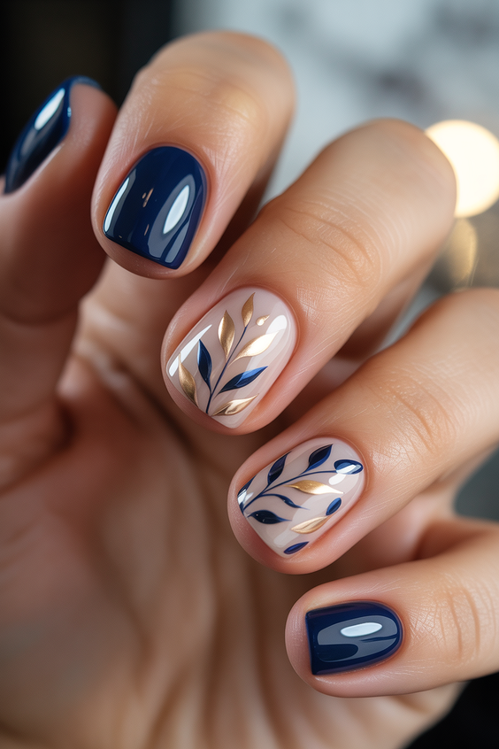 short acrylic nails designs midnight blue botanical