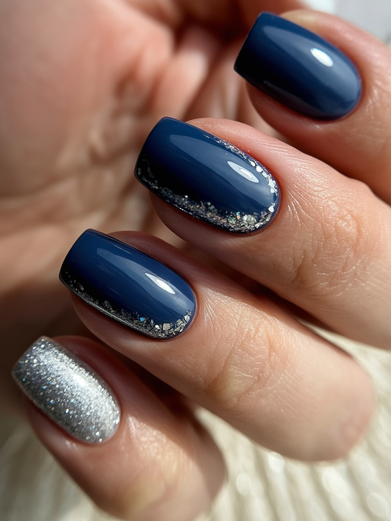 short acrylic nails designs navy silver glitter