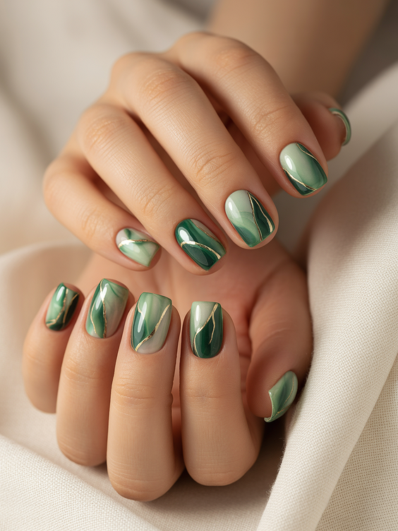 short acrylic nails designs green marble gold