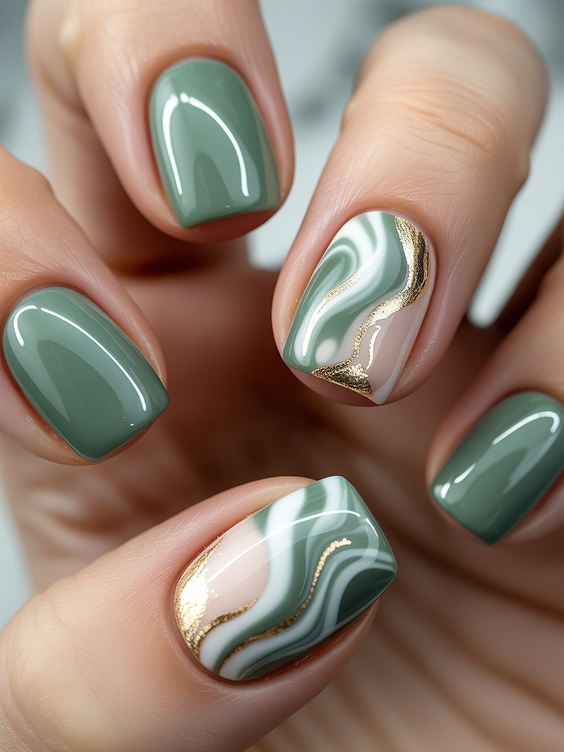 short acrylic nails designs sage marble gold