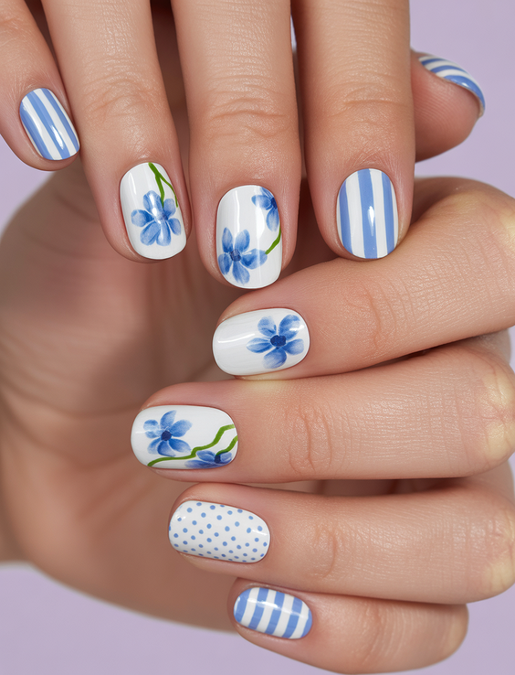 short acrylic nail designs 2026 blue floral