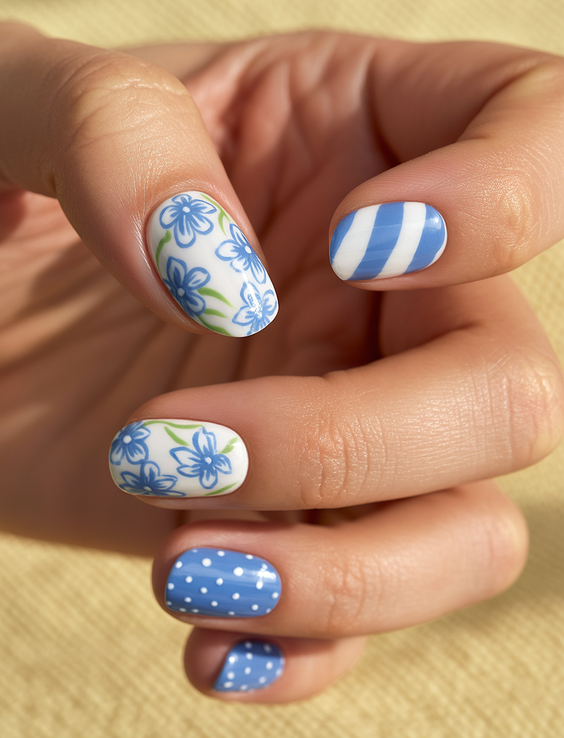 short acrylic nail designs 2026 blue retro