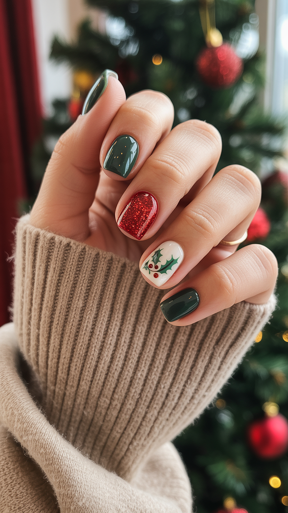 short acrylic nail designs 2026 festive green