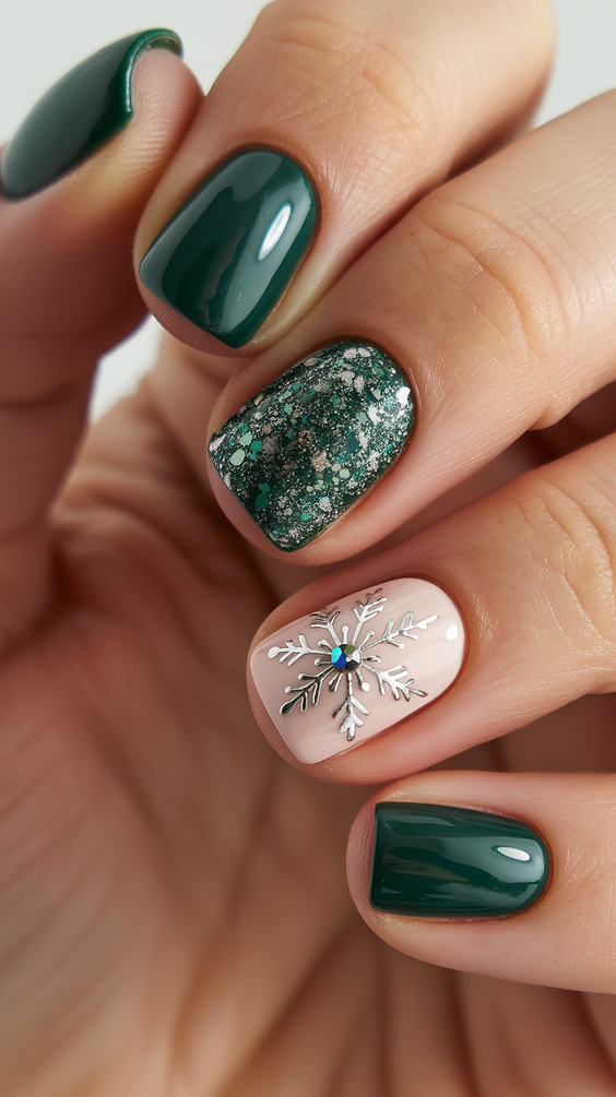 short acrylic nail designs 2026 dark green snowflake