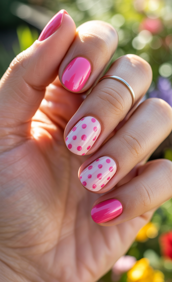 short nails ideas Pink Polka Pop With a Playful Twist