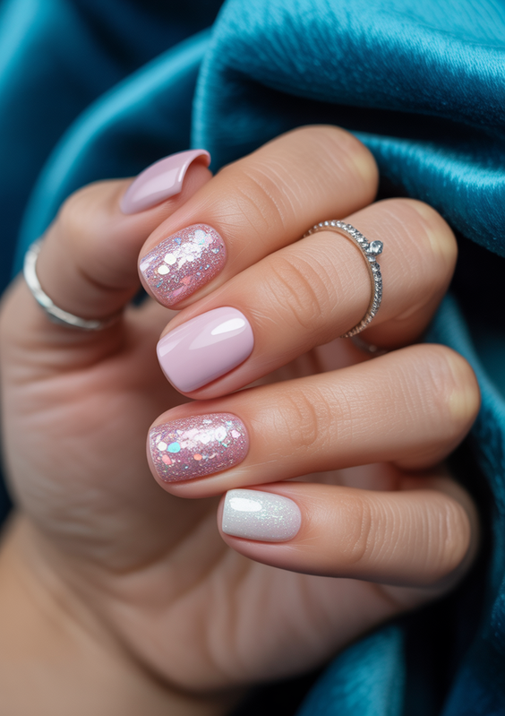 short nails ideas Soft Blush Sparkle With a Cozy Glow