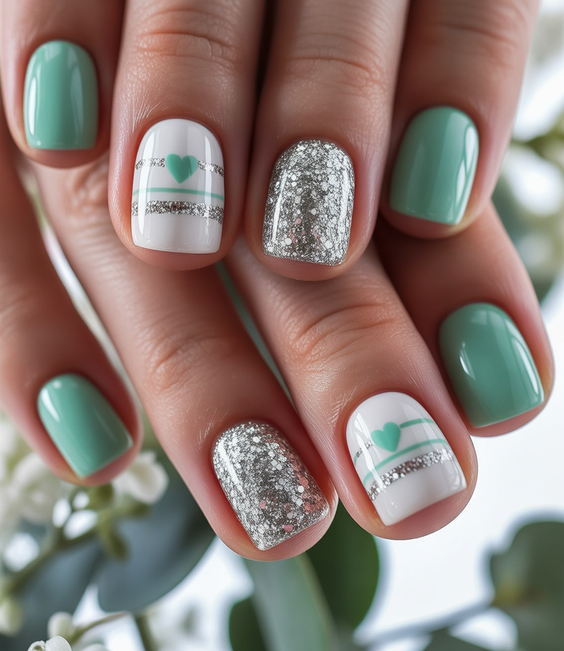short nails ideas Sage Green and Silver With Clean Graphic Details