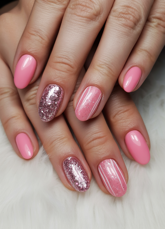 short nails ideas Glossy Pink With Soft Glitter Accents