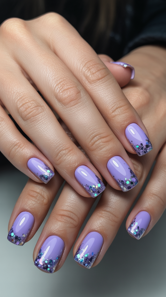 short nails ideas Lilac Shine With Glittered Tips