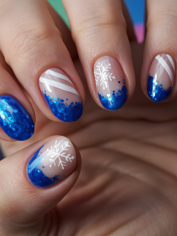 short nails ideas Blue Frost Tips With Playful Winter Details