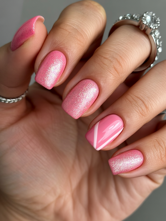 short nails ideas Rose Pink Shimmer With Clean Line Detail