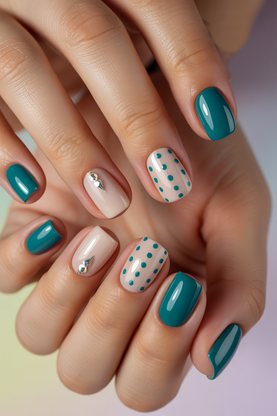 short nails ideas Teal Polka Minimalism With Subtle Sparkle