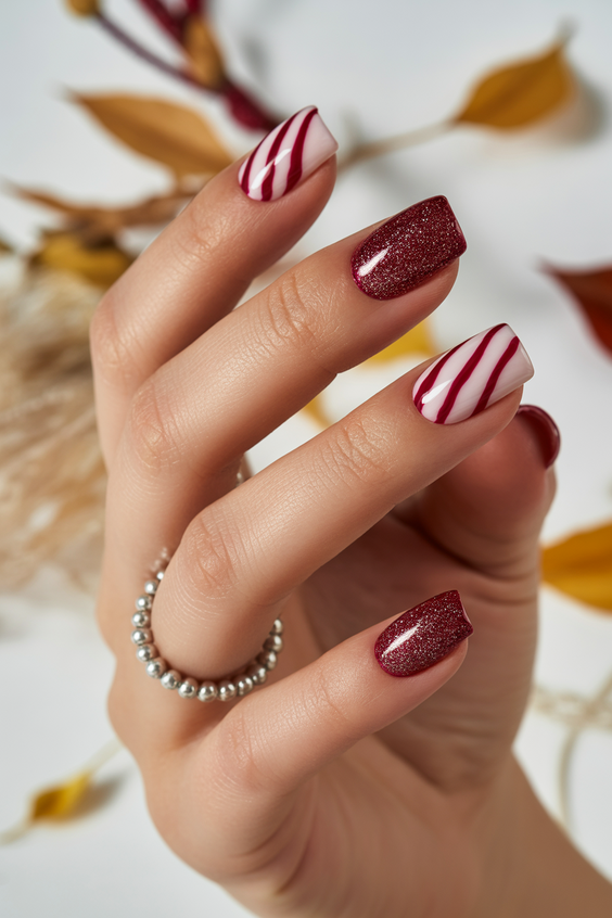 short nails ideas Deep Red Stripes With Autumn Texture