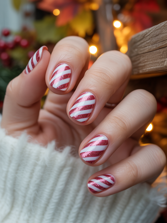 short nails ideas Candy Stripe Red for Cozy Seasons
