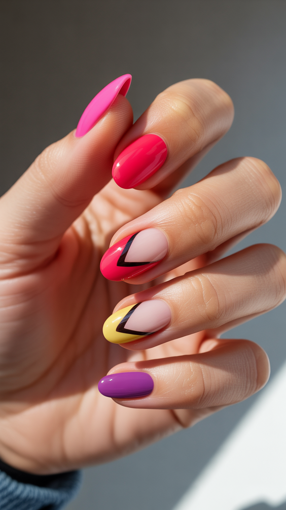 simple nails trend 2026 Color-Pop Almond Nails with Graphic Accents