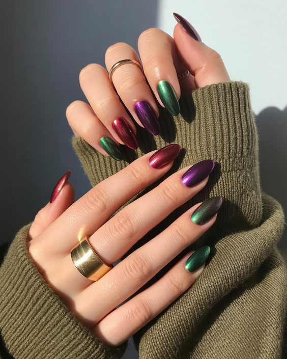 simple nails trend 2026 Multitone Metallic Almond Nails