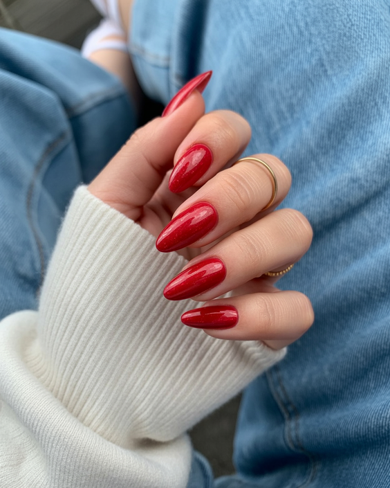 simple nails trend 2026 Classic Red Almond Nails with a Timeless Gloss