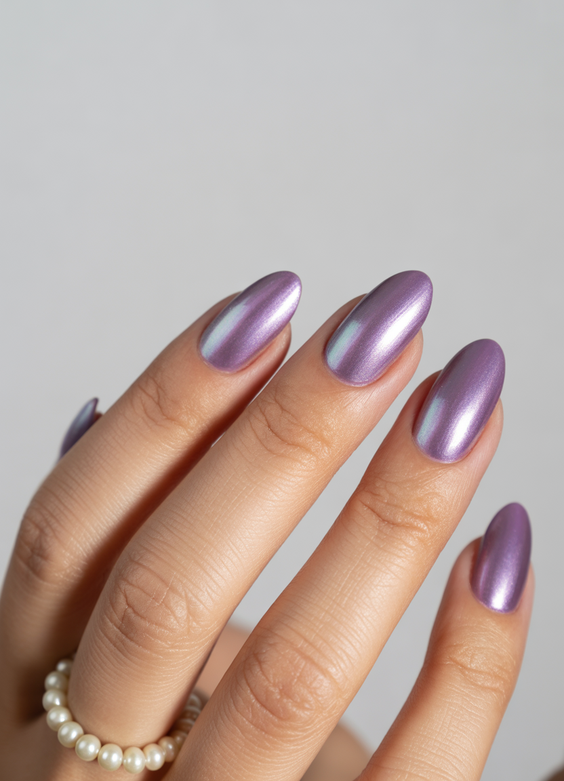 simple nails trend 2026 Soft Lilac Chrome Nails with a Pearly Finish