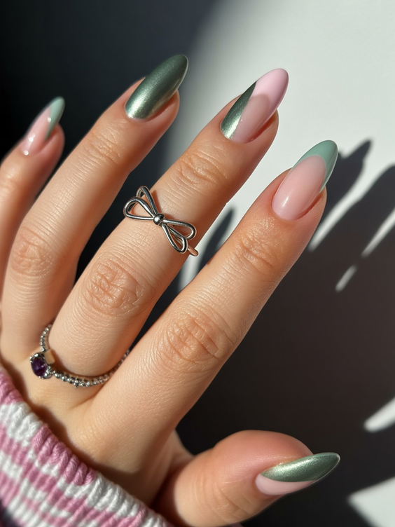 simple nails trend 2026 Green and Blush Almond Nails with Minimal Contrast