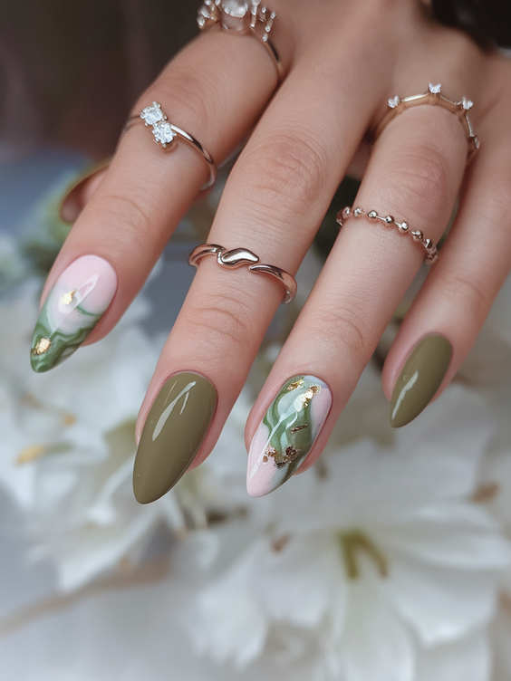 simple nails trend 2026 Olive and Blush Almond Nails with Botanical Gold Accents