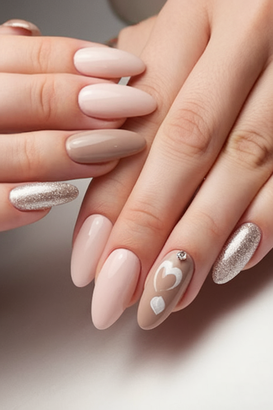 simple nails trend 2026 Soft Nude Almond Nails with Minimal Heart Details