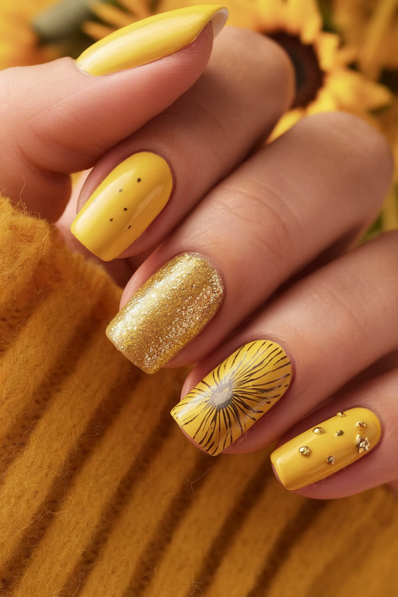 simple nails trend 2026 Sunny Yellow Short Nails with Playful Graphic Art