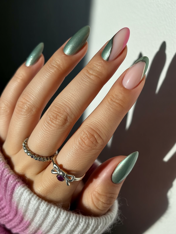 simple nails trend 2026 Green-Tipped Almond Nails with Soft Contrast Edges