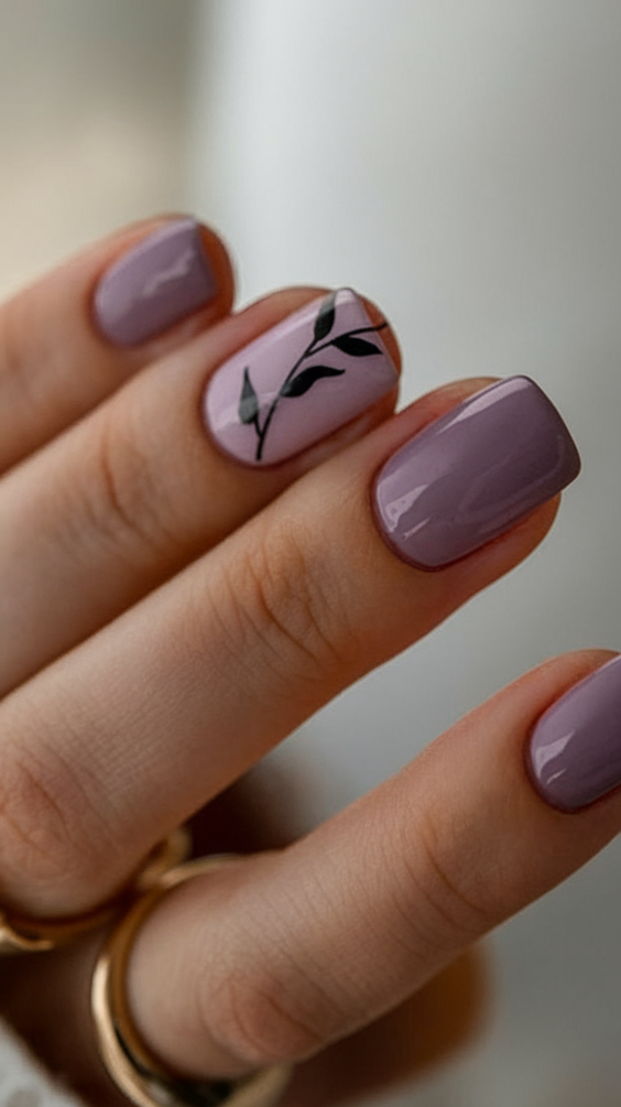 simple nails trend 2026 Muted Mauve Short Nails with Botanical Line Art