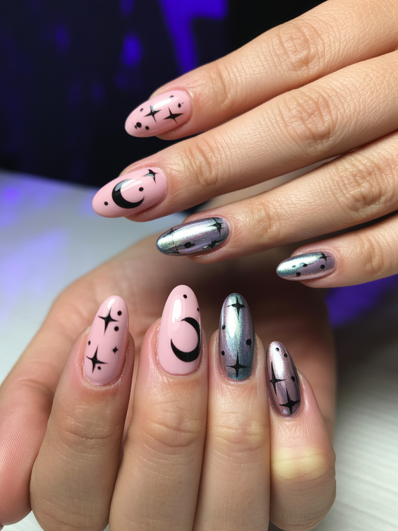 simple nails trend 2026 Pink and Chrome Celestial Nail Art