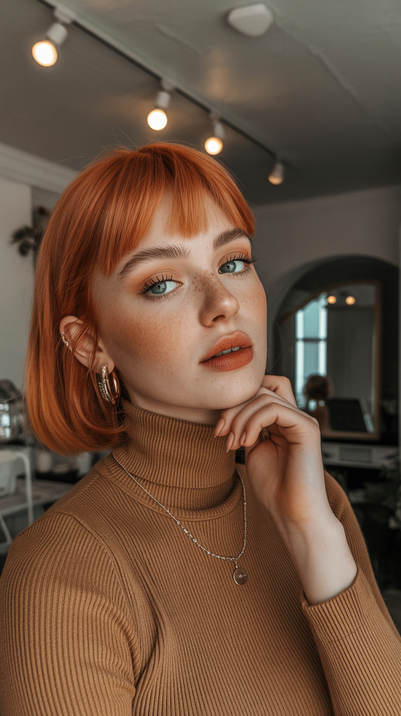 soft hair color for warm skin tone 2026 soft tangerine bob with airy baby bangs