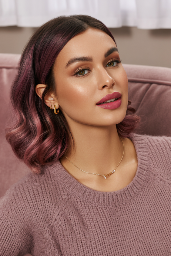 soft hair color for warm skin tone 2026 soft plum melt on a warm brunette base