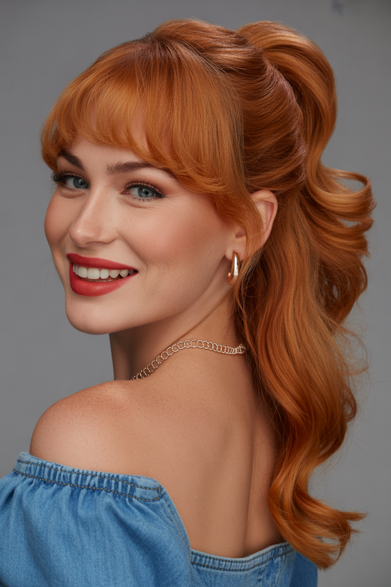 soft hair color for warm skin tone 2026 golden apricot pony with soft curved fringe