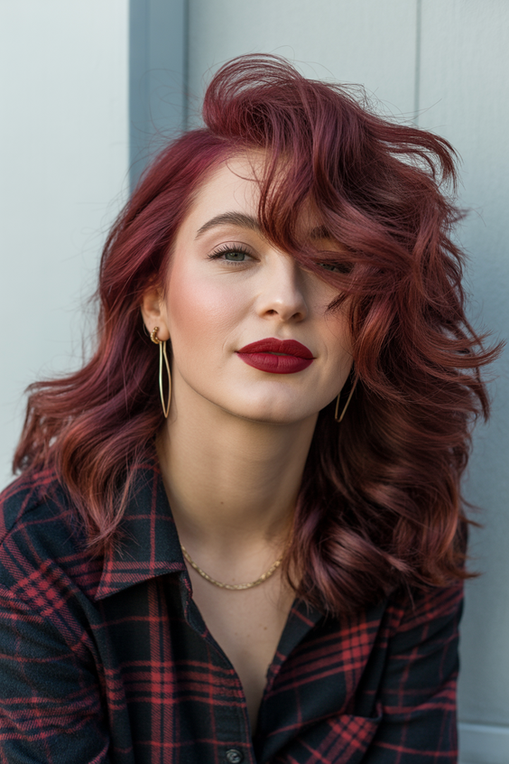 soft hair color for warm skin tone 2026 deep cranberry waves with soft volumized lift