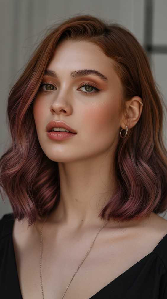 soft hair color for warm skin tone 2026 soft rosewood brunette with mauve blended ends