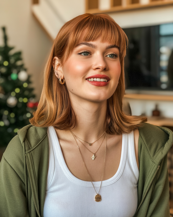 soft hair color for warm skin tone 2026 soft amber shoulder length cut with feathered bangs