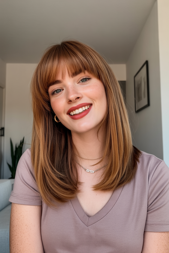 soft hair color for warm skin tone 2026 gingered caramel layers with sleek contour