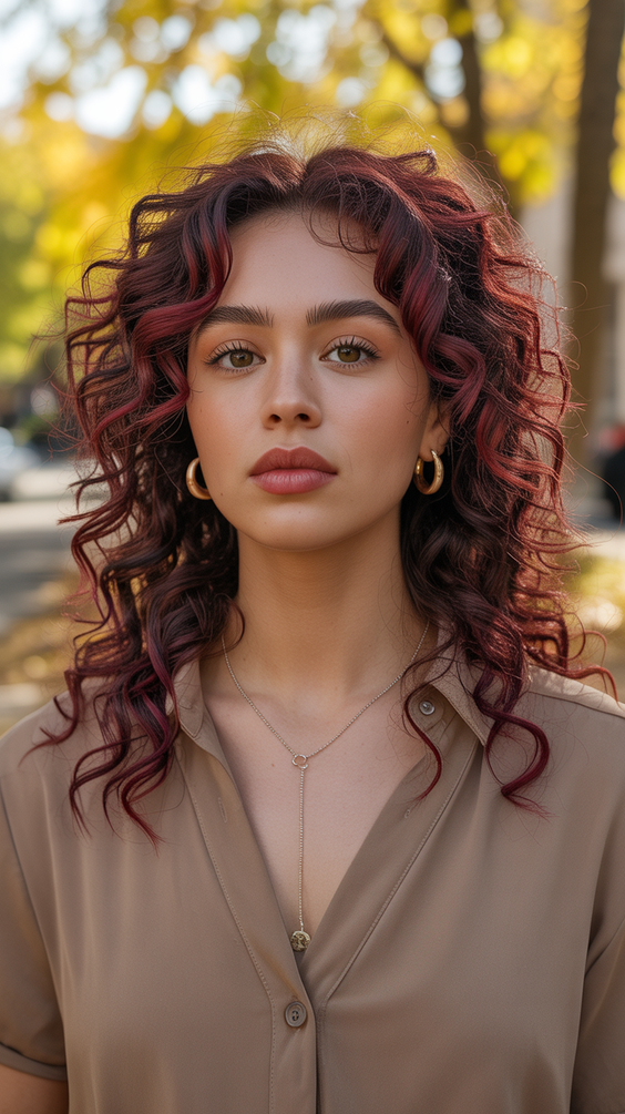 soft hair color for warm skin tone 2026 autumn berry curls with rooted warmth