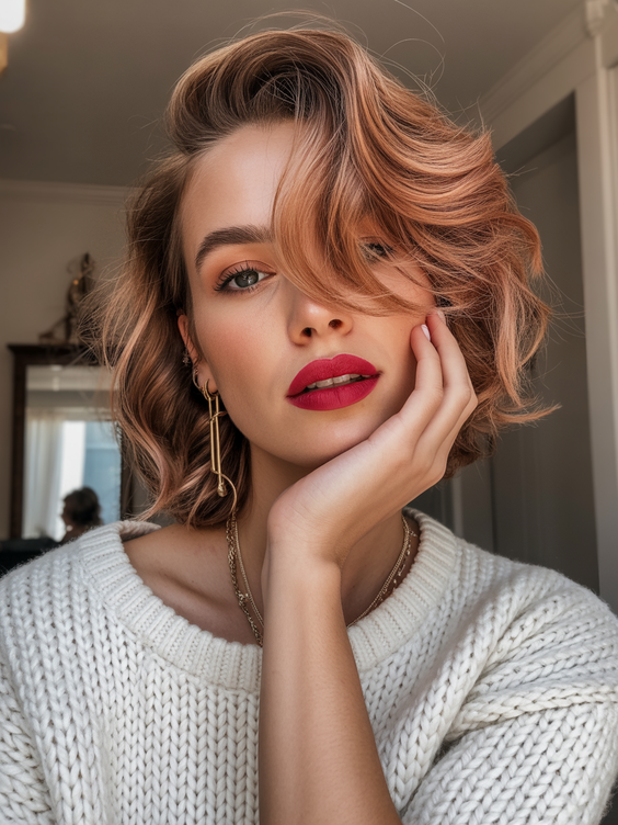 soft hair color for warm skin tone 2026 peach melt waves on a soft sculpted bob