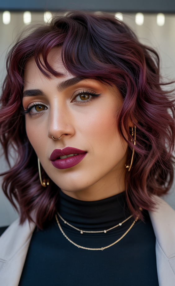 soft hair color for warm skin tone 2026 mulled plum bob with soft flicked layers